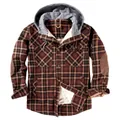 Men's plaid hooded jacket with warm fleece lining in a classic brown checkered pattern - S / Tops / Coffee