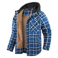 Men's classic blue plaid hooded shirt jacket featuring a warm sherpa fleece lining - Blue