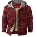 Warm men's red and black plaid hooded jacket featuring soft fleece lining and long sleeves - Dark Red