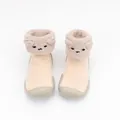 Cute cartoon bear baby indoor sock shoes with soft non-slip soles in beige coral fleece - Size 18/19 / Beige