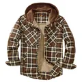 Men's brown plaid flannel shirt jacket with warm fleece lining and hood for winter - Brown