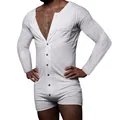 Close-up detail of white long-sleeved men's union suit showing ribbed cotton texture - S / Top And Bottom / White