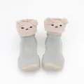 Close-up of cute cartoon bear face detail on warm fleece baby indoor sock shoes - Size 18/19 / Gray