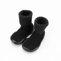 Black winter warm lamb wool baby sock shoes with non-slip rubber soles - Black