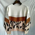 Pull en maille pour femme avec motif léopard et blocs de couleurs - Kaki