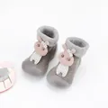 Grey knitted baby sock shoes with cute crochet rabbit applique and soft rubber soles - Size 24/25 / Gray (Rabbit Doll)