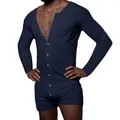 Men's navy blue long sleeve slim-fit union suit loungewear with button front detail - S / Top And Bottom / Navy Blue