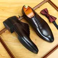 Classic dark brown genuine leather Oxford shoes for formal business attire and weddings - 37 / Coffee
