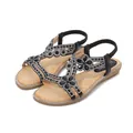 Sandales plates bohèmes pour femmes avec lanières noires et ornements de strass floraux - 35 / Noir