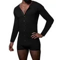 Close-up of men's black long sleeve henley bodysuit romper for stylish loungewear - S / Top And Bottom / Black