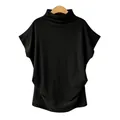 Detail view of black mock neck batwing sleeve t-shirt for women in loose fit style. - Black