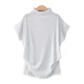 White semi-high neck T-shirt featuring batwing sleeves and a loose, comfortable fit. - White