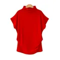Front view of a loose red half-high neck T-shirt for women featuring batwing sleeves - Red