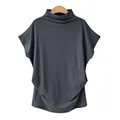 Detailed macro view of a grey mock neck batwing sleeve t-shirt with loose fit design - Dark Gray