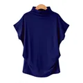 Macro view of navy blue mock neck top featuring batwing sleeves and loose fit - Sapphire Blue