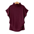 Detail view of a wine red mock neck batwing sleeve loose cotton-blend t-shirt. - Burgundy