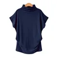Detail of navy blue mock neck top with loose batwing sleeves and comfortable fabric - Navy Blue