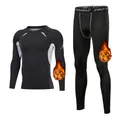 Detail showing fleece thermal lining and compression fit of men's sports base layer set - 3XL / Top And Bottom / Black and Gray