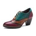 Retro vintage patchwork leather Brogue high heels with floral prints and lace-up detail - 36 / Purple