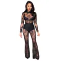 Detailansicht eines sexy schwarzen Jumpsuits aus durchsichtiger Spitze mit langen Ärmeln. - S / Schwarz