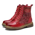 Bottes de moto vintage rouges à lacets style gothique pour femmes avec tissu à motifs - Rouge