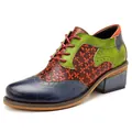 Vintage ethnic patchwork Brogue Oxford shoes with colorful leather and lace-up design - 36 / Blue Patchwork