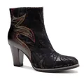 Detailed side view of black lace vintage boots with colorful stitching and block heel - 38 / Chunky Heel Ankle Boots / Black