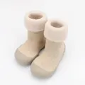 Detailed view of warm baby sock shoes with soft rubber soles and fleece cuffs. - Size 18/19 (11.5cm Inner Length) / Beige