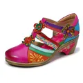 Vintage colorful floral color-block wedge round toe Mary Jane sandals for women - Red