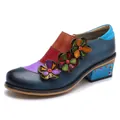 Retro kleurgeblokte leren damesschoenen met decoratieve 3D-bloemen en blokhak - 36 / Blauw