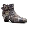 Detailed side view of a vintage Chinese style floral pattern ankle boot with chunky heel - 36 / Haze Grey Blue