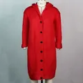 Full-length view of a bright red hooded knit cardigan with black buttons - Red