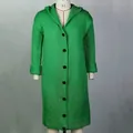 Long green hooded knitted cardigan for women, button-up loose casual style coat detail - S / Tops / Green