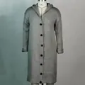 Classic grey long knit hooded cardigan featuring a full button-down front displayed on a mannequin - Dark Gray