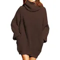 Gedetailleerde weergave van een donkerbruine oversized grofgebreide jurk met coltrui - Bruin