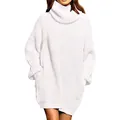 Detailoverzicht van een witte gebreide coltrui-jurk met een oversized, comfortabele pasvorm - Wit