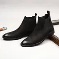 Classic black lychee grain leather brogue Chelsea boots for men with wingtip details - 38 / Faux Fur Lined / Black