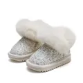 Funkelnde silberne Glitzer-Schneeschuhe für Mädchen mit weißem Kunstfellbesatz. - Beige