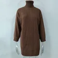 Brauner Rollkragen-Strickpullover in langer Form auf durchsichtigem Model Studio - Braun