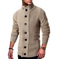 Detailed view of a men's stylish ribbed knit cardigan with high neck and large buttons. - M / Tops / Khaki