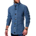 Close-up front view of stylish men's blue chunky knit cardigan featuring vintage buttons - XL / Tops / Blue