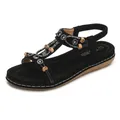 Sandales plates bohèmes pour femmes avec lanières en daim noir, strass et perles - 35 / Noir