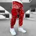 Red paisley print multi-pocket cargo pants for men in a high-street streetwear style - Red