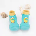 Detail of breathable baby sock shoes with cute cartoon 'C' and soft anti-slip rubber soles. - Sky Blue Cartoon Letter C