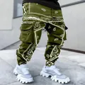 Men's olive green paisley print cargo pants featuring a relaxed fit and multi-pockets - Army Green