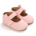 Detailed view of soft pink baby princess walking shoes with faux leather texture and bow. - Insole Length 11cm / Pink