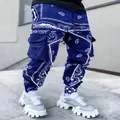 Blue men's paisley cargo pants with reflective piping and large pockets - Navy Blue