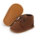 Dark brown suede baby walking boots featuring non-slip rubber soles and lace-up design - Dark Brown