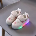 Toddler white sneakers with pink bear patterns and colorful LED light-up soles - Beige (XJY2202)