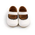 White baby girl Mary Jane princess walking shoes with black scalloped trim and strap - 11cm / White